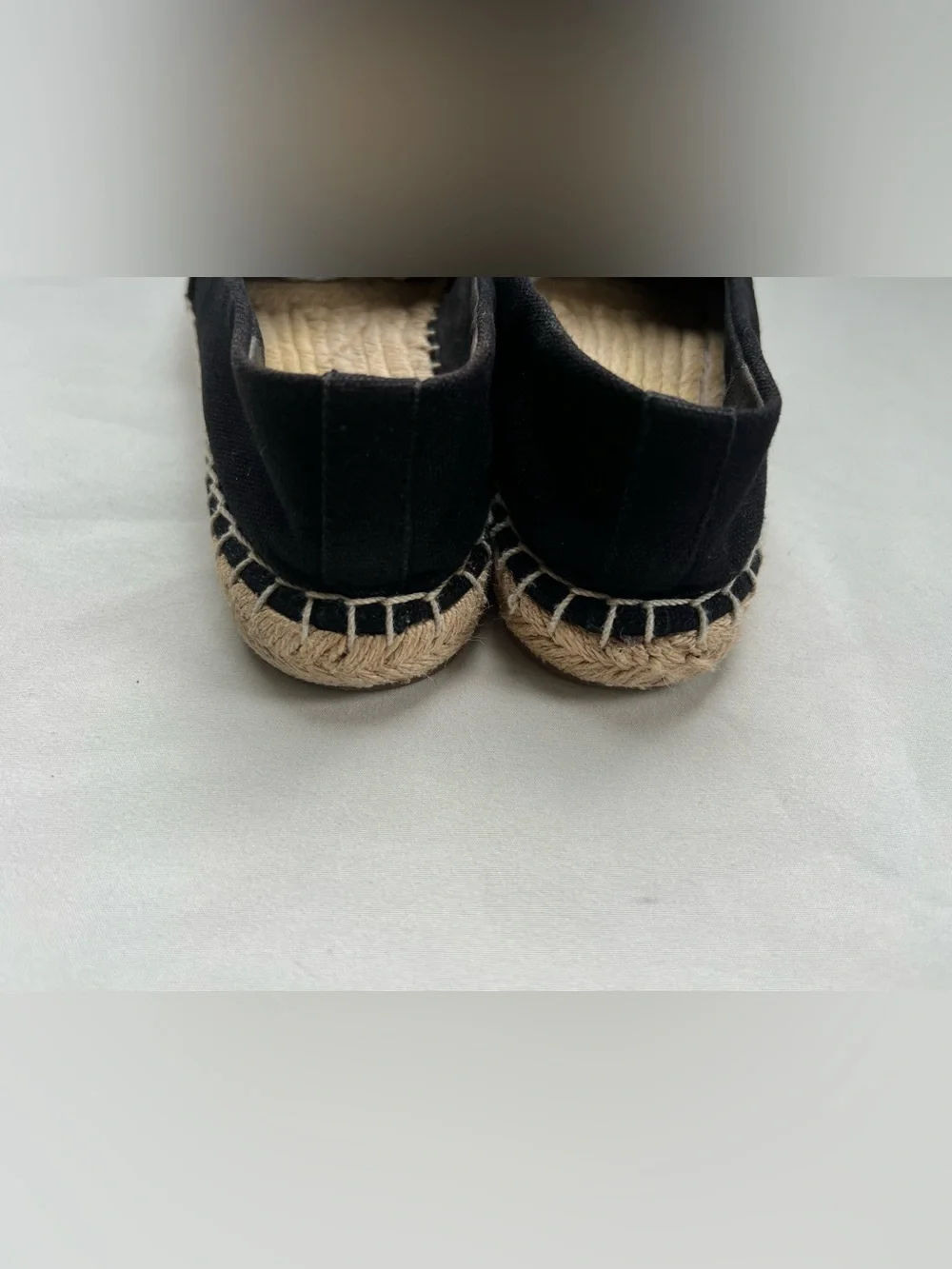 Tory Burch 5.5 6 Black Canvas Leather Logo Cap Toe Espadrille Flats Luxe Travel